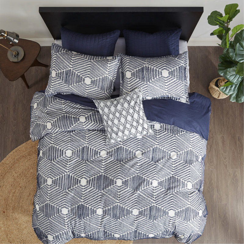 Literie en coton très grand / très grand - housse de couette et taies décoratives bleu marine géométrique, lavable à la machine, conception luxueuse, literie, fermeture à boutons