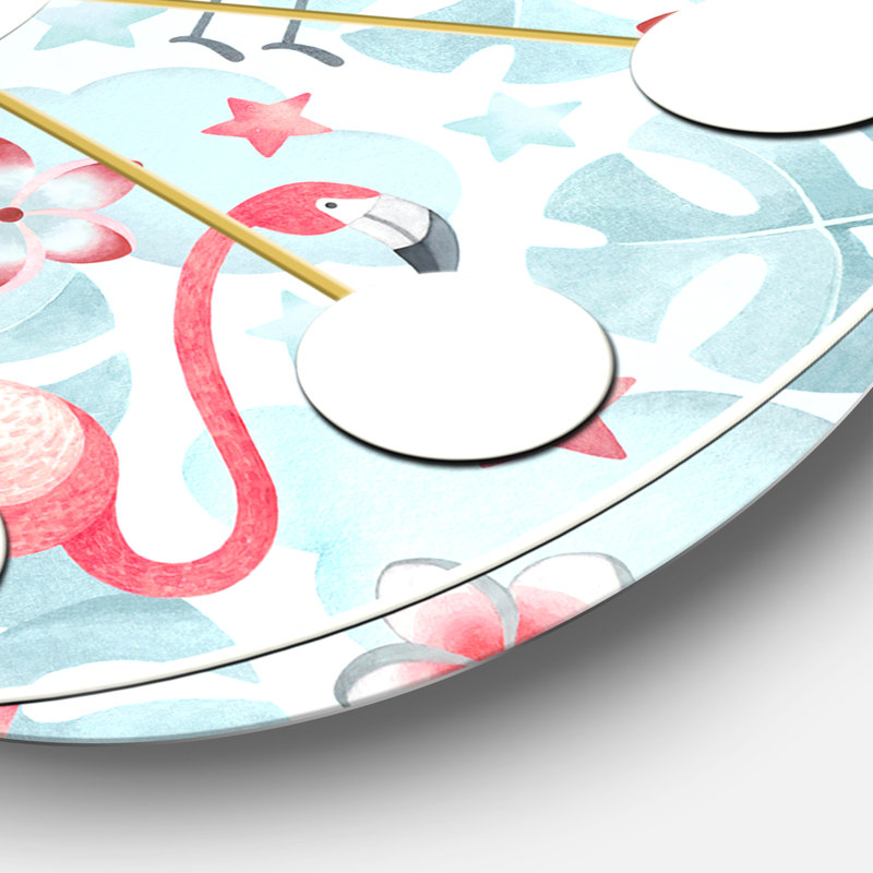 Horloge murale style tropical Mid-Century Tropical Botanicals, Flowers and Flamingo III, Moyenne
