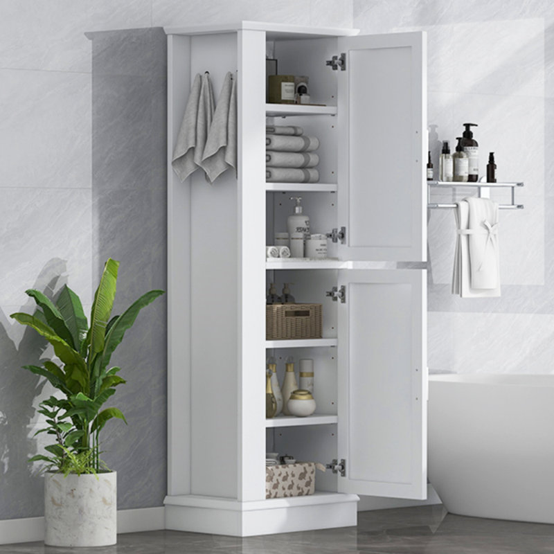 Tall Bathroom Storage Cabinet, Freestanding Storage Cabinet With Hook And Adjustable Shelf, MDF Board, White