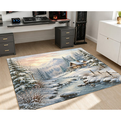 Tapis d'intérieur lavable à la machine, motif paysage de chalet d'hiver, avec envers antidérapant et dos antidérapant. Décoration intérieure chaleureuse pour le salon, la chambre, l'entrée, la cuisine, le balcon, l'appartement.