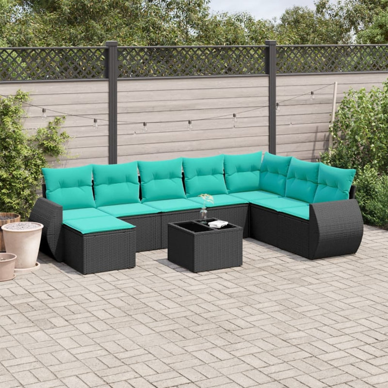 Ensemble de canapé de patio 9 pièces avec coussins en rotin de polyester, Bleu, Noir