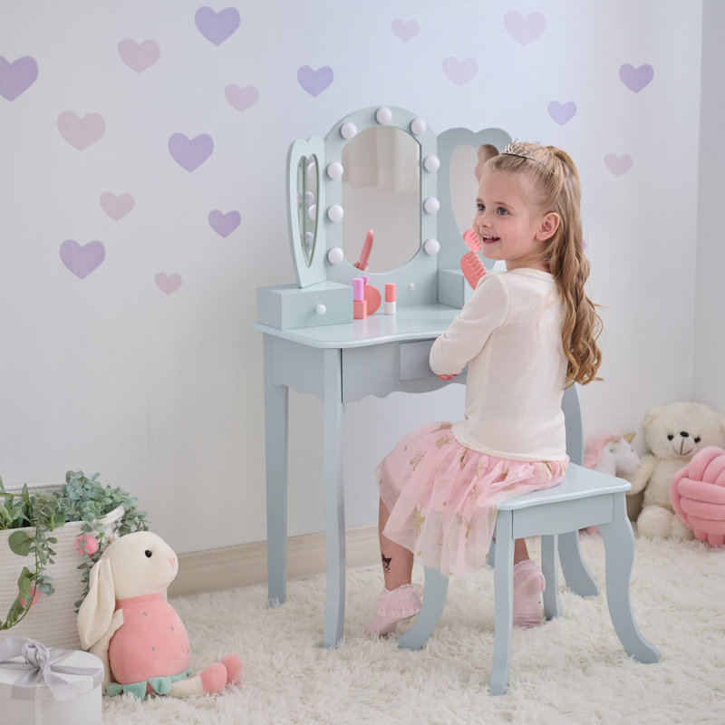 Teamson Kids Heart Glow Wooden Vanity Set With LED Lights Mirror & Stool, Blue