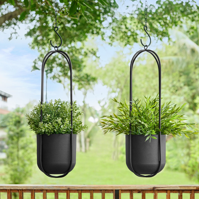 Modern Black Metal Oval Wall Hanging Planter Set