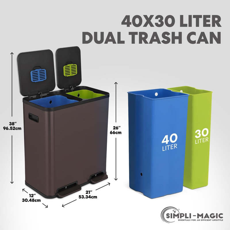 Poubelle de cuisine 18,5 gallons à deux compartiments - couvercle fermé, filtre anti-odeurs, poubelles en acier inoxydable combinées avec des bacs de recyclage