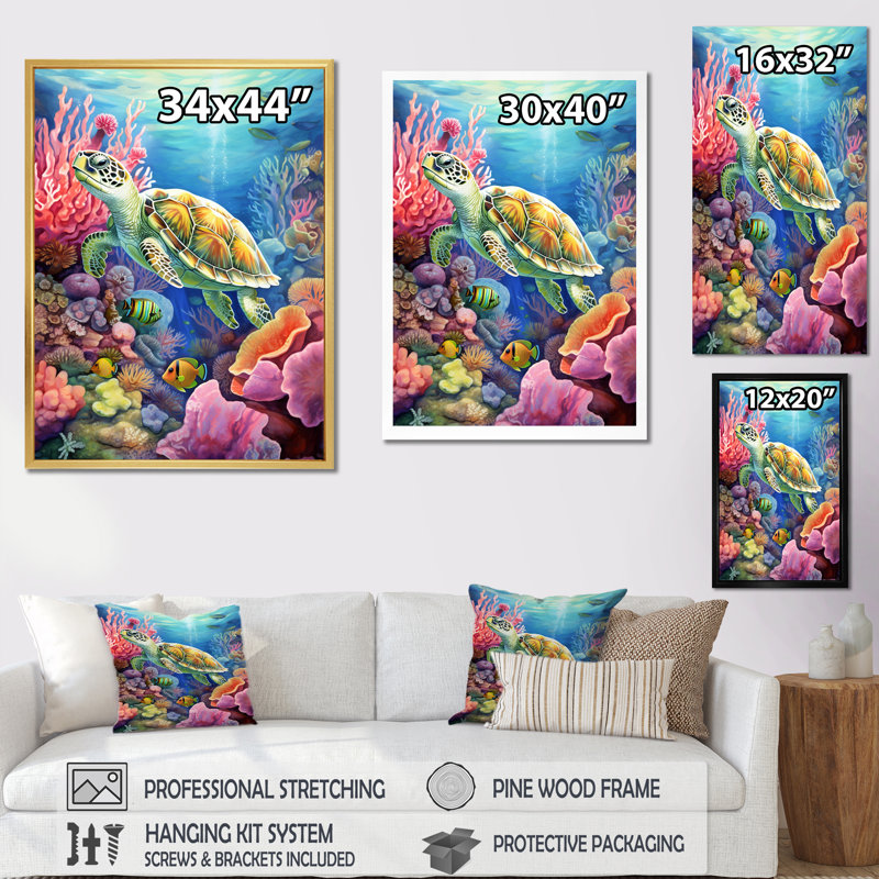 " Turtle Colorful Life ", Black Single Picture Framed, 32" H x 16" W x 1" D