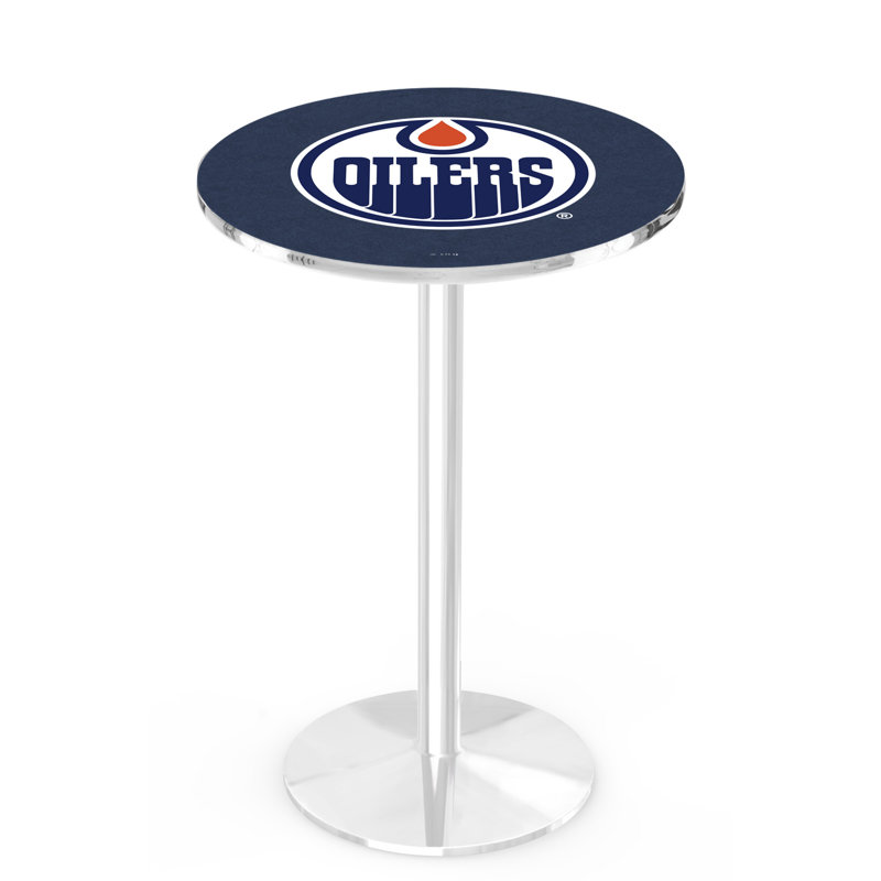 NHL Round Metal Base Dining Table, Chrome, Edmonton Oilers