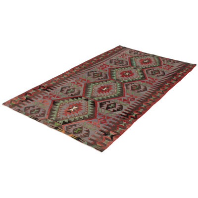Tapis noir / gris / vert en laine fait à la main de conception unique 5 pi 4 po x 10 pi Kilim