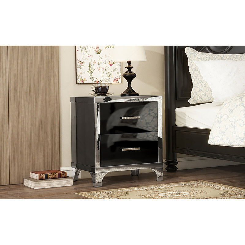 Table de chevet élégante avec poignée en métal, table de chevet avec miroir et 2 tiroirs pour la chambre à coucher et le salon