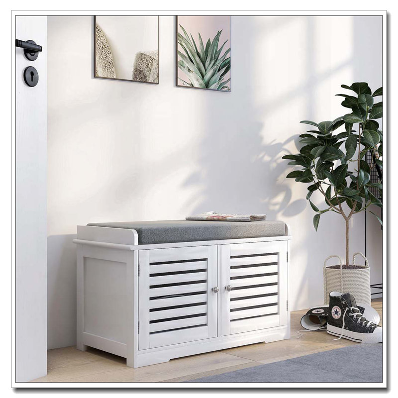 Banc de rangement pour chaussures avec coussin de siège rembourré, banc d'entrée avec 2 portes de grange - blanc