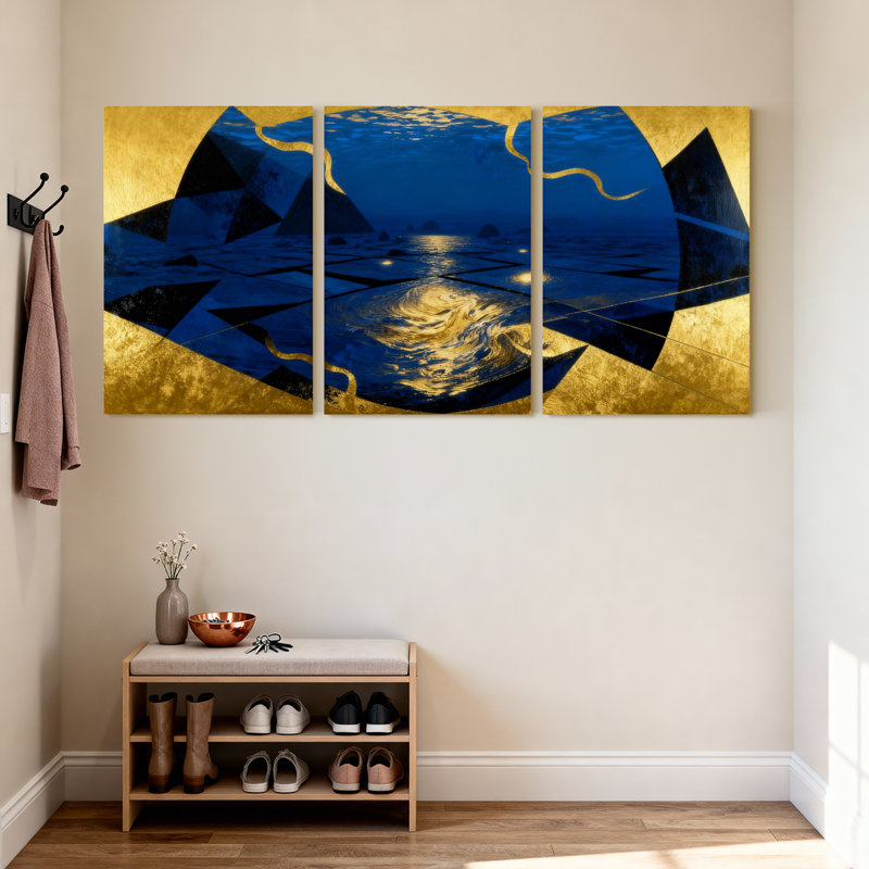Abstract Ocean Reflections Gold Blue Pattern Set of 3 Canvas Wall Art Prints, 18" H x 36" W