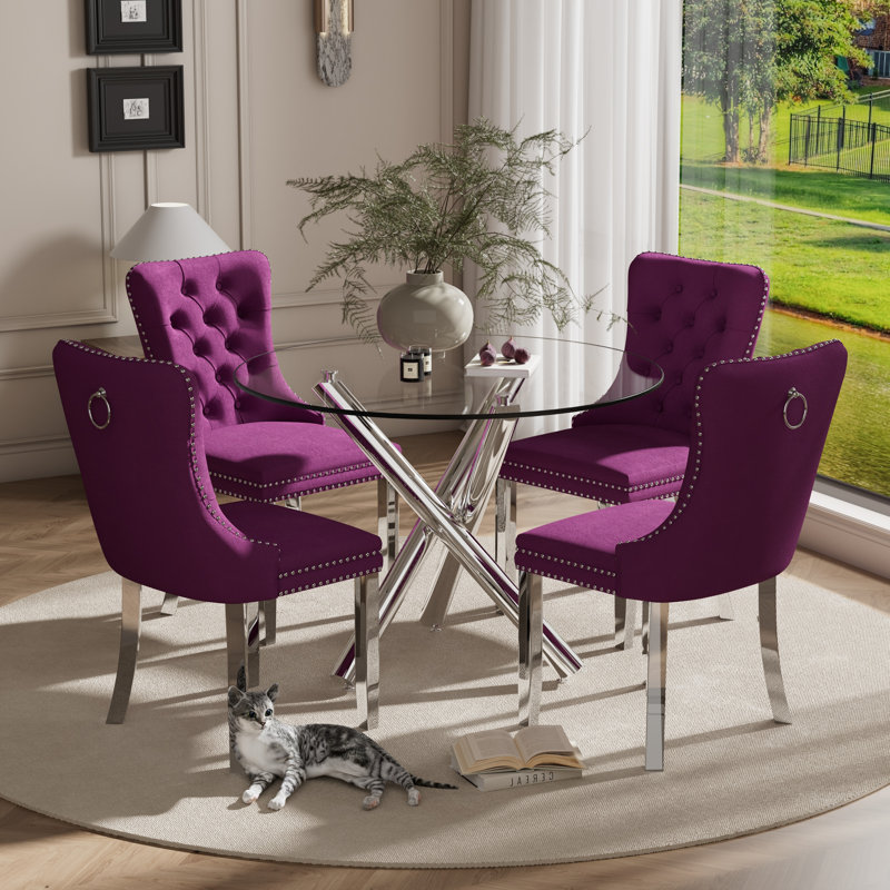 Ensemble de salle à manger à piédestal rond 5 pièces avec chaise capitonnée en velours pour salle à manger et salon, Mauve