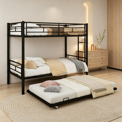 Heavy Duty Metal Bunk Bed, Convertible Bunk Bed Frame With Steel Slat Support And Anti-Slip Ladder, Bunk Bed With Safety Guardrail Frame, No Box Spring Required, Furniture For Bedroom