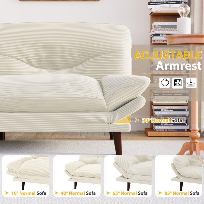 65” Futon multi-person sofa that can be converted into bed with adjustable back and ends, Beige Corduroy