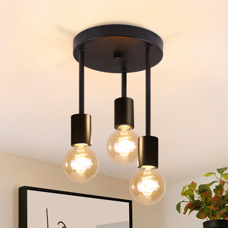Flavien 3-Light E27 Semi Flush Mount 28cm , Black, 29cm H x18cm W x 25cm D