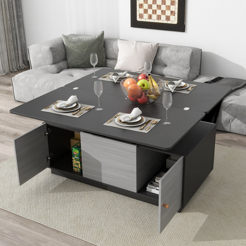 Table basse à plateau relevable, table basse, table de salon avec rangement, Noir, Gris