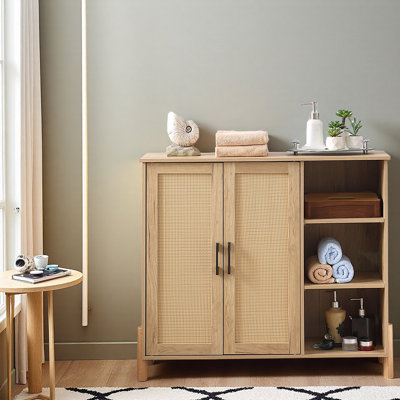 Armoire de rangement Mid-Century moderne avec portes en rotin tissé, tablettes ouvertes et tablettes réglables - parfaite pour le salon et la salle à manger