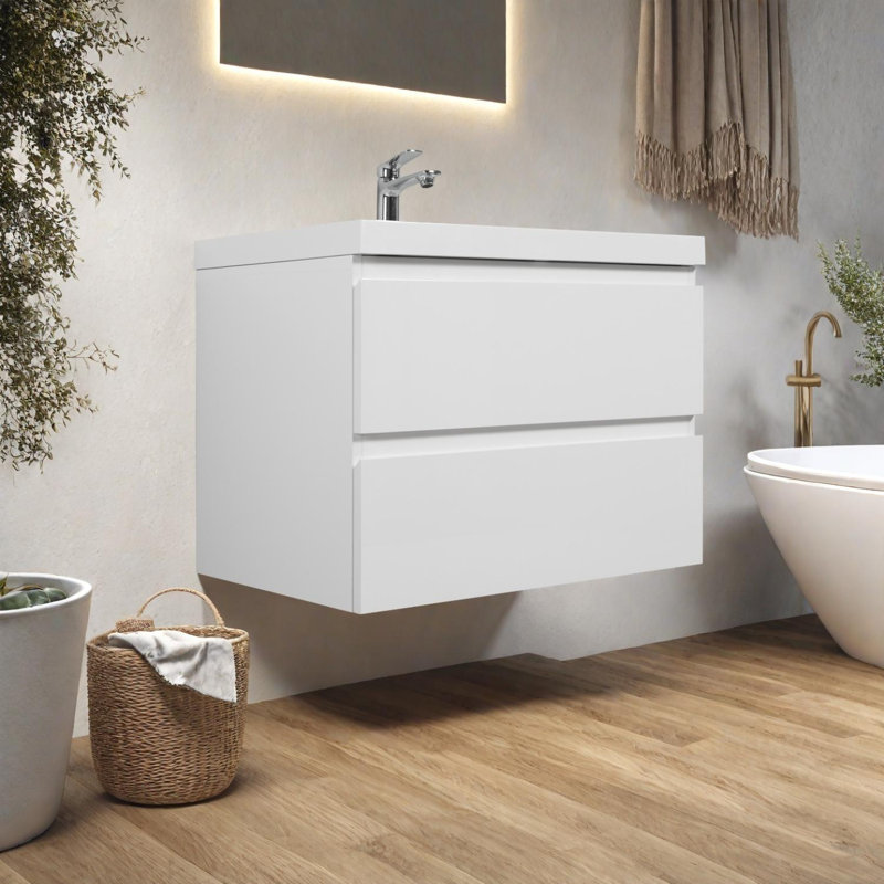 Armoire de salle de bain flottante moderne 30 "avec lavabo en résine et tiroirs à fermeture en douceur Modern, Blanc