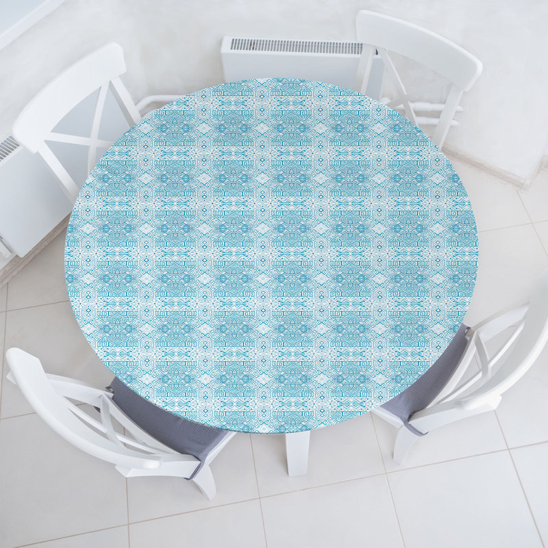 Ambesonne Aztec Fitted Round Tablecloth Sea Blue Pale Sky Blue, 47.24"" Round
