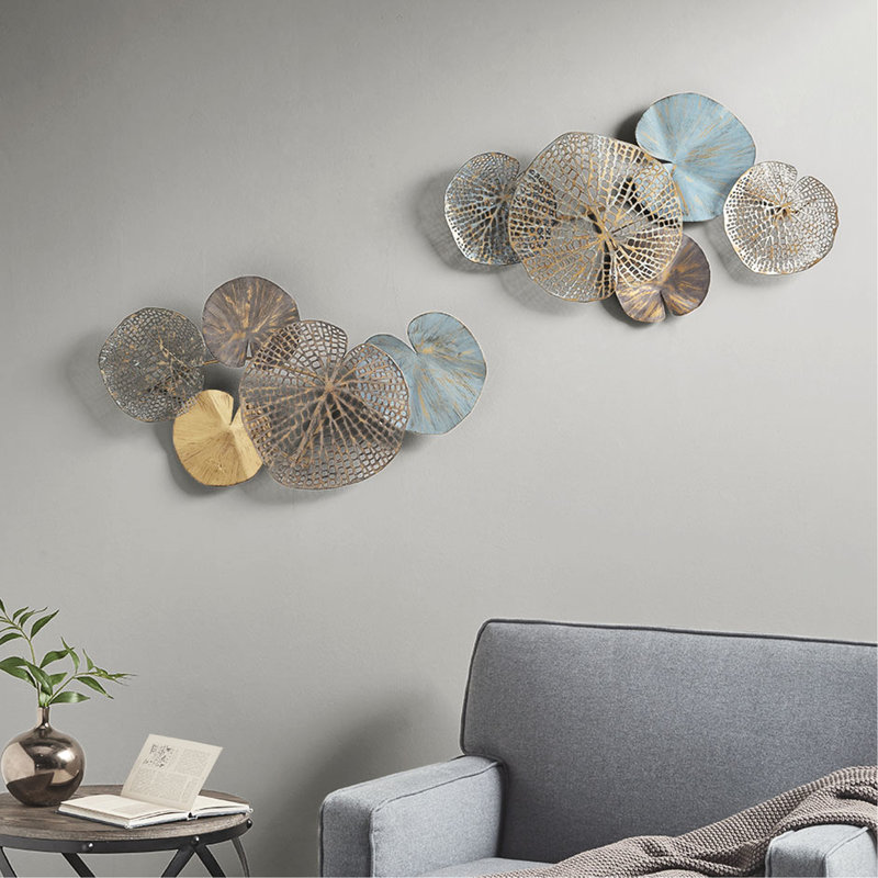 «Multi Lily Pad», art mural en métal sur 2, vieilli avec or, blanc, laiton, œuvre d'art de décoration intérieure, feuilles coupées et unies, vient avec trou de serrure 2