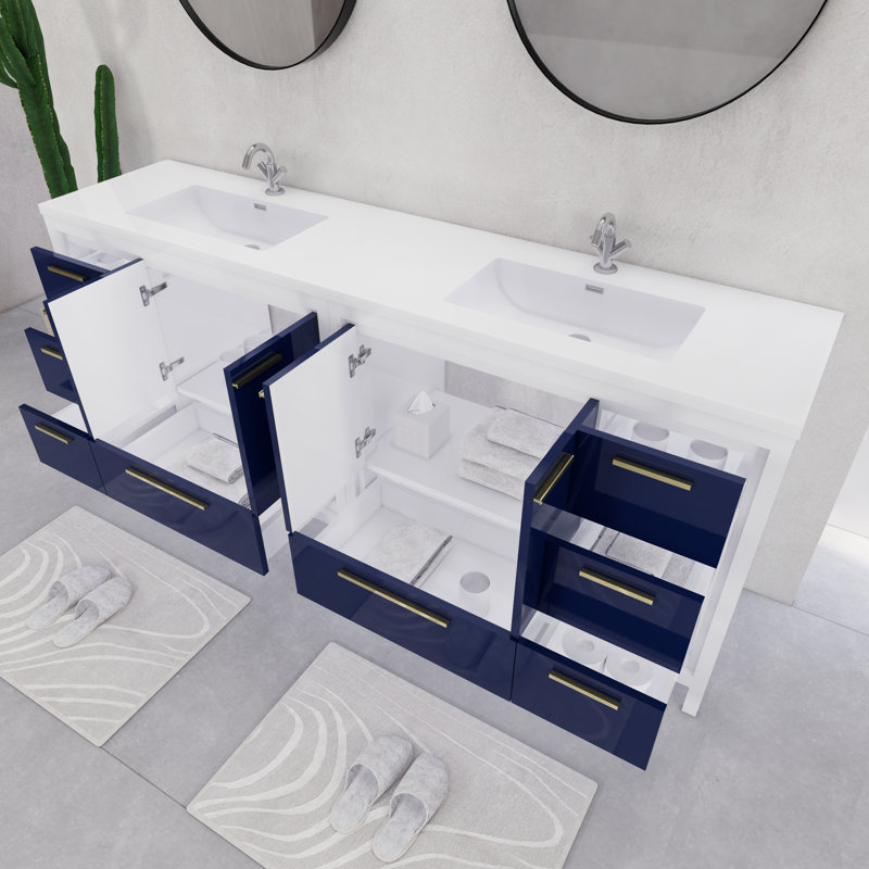 Ensemble de meuble-lavabo double 84 po 84 po, Blanc brillant / bleu