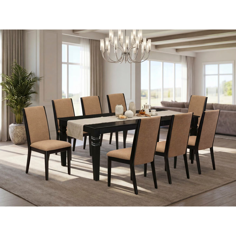 9 Piece Dining Table Set Includes a Rectangle Kitchen Table with Butterfly Leaf and 8 Light Sable Linen Fabric Upholstered Chairs, Black