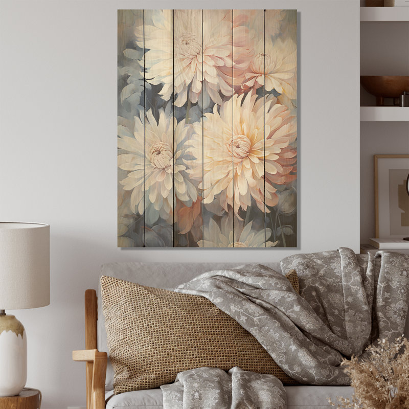 Fleurs blanches et roses élégantes - Art sur bois de pin naturel, H 20 po x l 10 po