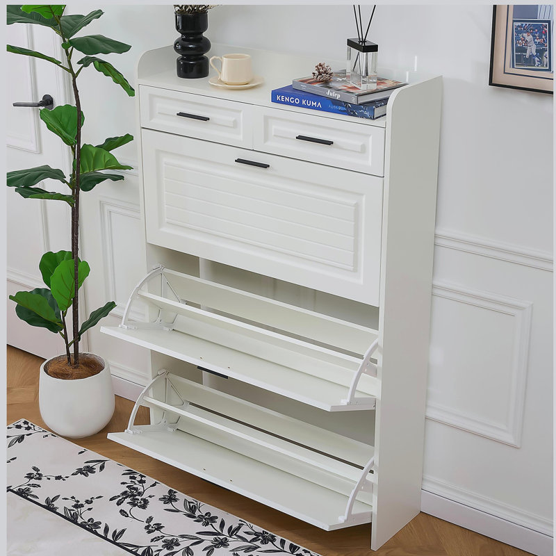 Narrow Shoe Storage Cabinet With 3 Flip Drawers And 2 Storage Drawers, Freestanding Organizer For Entryway Hallway (White) | Gift Idea