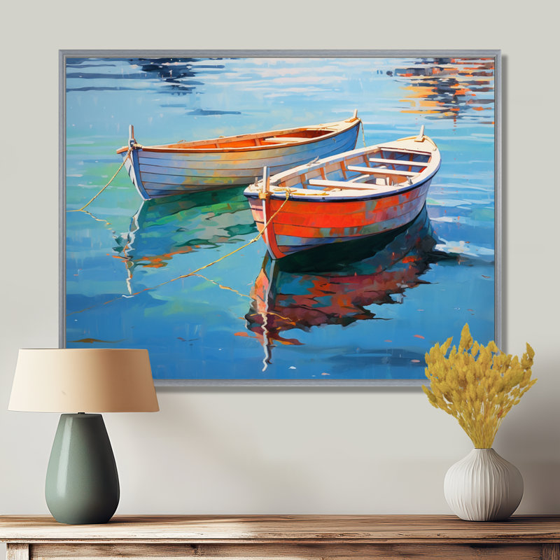 «Boat Harmonic Waters» - Art mural bateau, H 34 po x l 44 po x P 1,5 po, Encadrement argenté