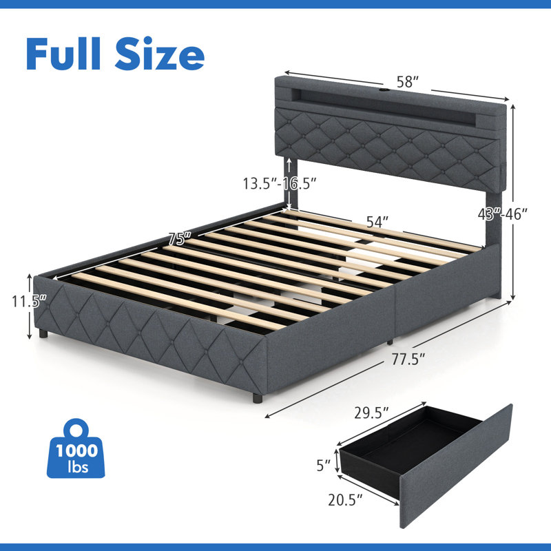 Bed Frame With Led Lights & Charging Station & Modern Upholstered Bed, Full