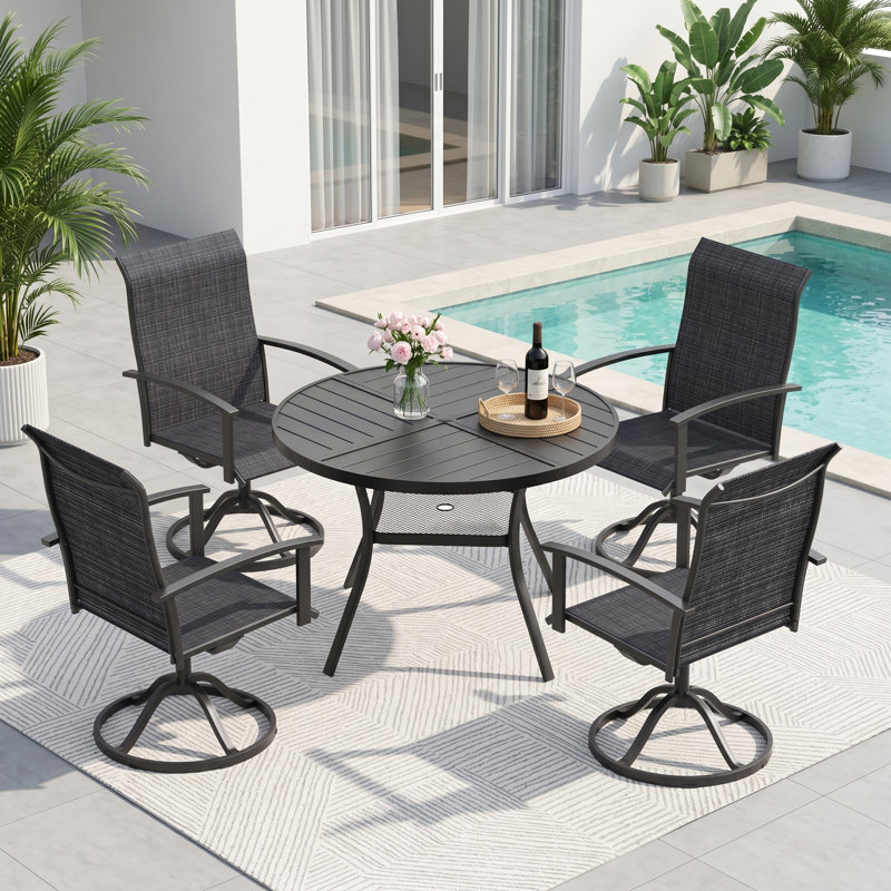 4-Person Round Patio Dining Set With Swivel PVC-Coated Polyester Chairs, Brush Wood Gray/Black