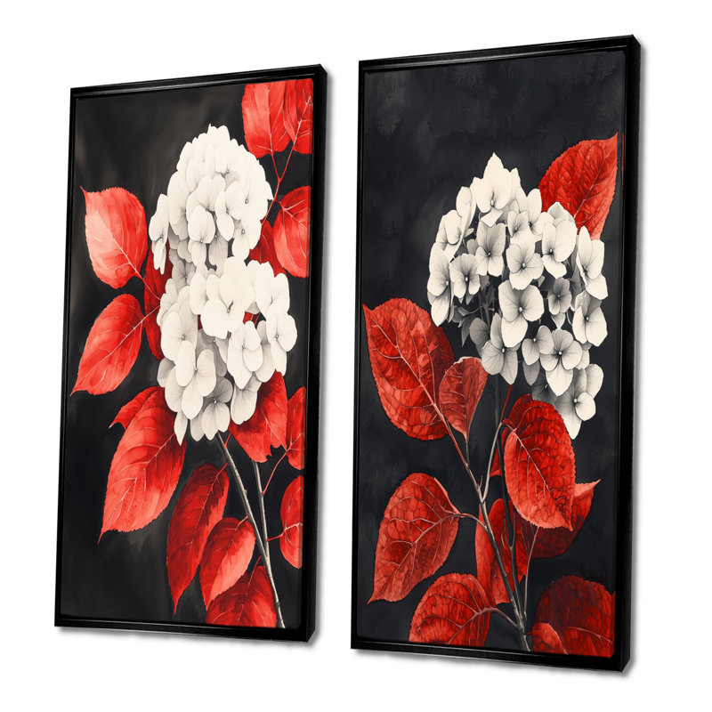 Hortensias monochromes avec feuilles rouges I - collection d'art mural floral 2 pièces, H 28 po x l 25 po