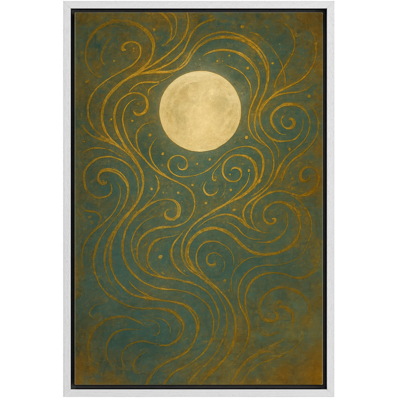 Pleine lune avec lignes dorées fluides sur fond vert foncé, impression sur toile encadrée, H 24 po x l 16 po x P 1,5 po