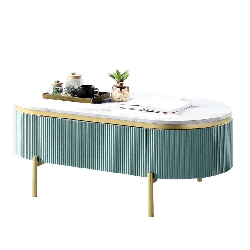 Élégante table de fabrication de jus bleu sarcelle avec une finition en faux marbre blanc et un tiroir dissimulé