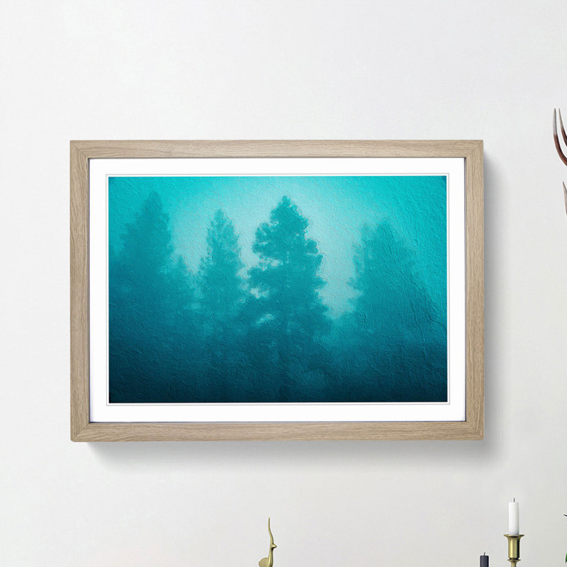 Teal Blue Forest in Abstract - Picture Frame Painting Print on MDF, Oak Framed, 27cm H x 36cm W x 2cm D