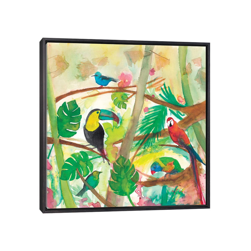 Oiseaux tropicaux - imprimé, Pas de tapis, Toile avec cadre noir patiné, H 37 po x l 37 po x P 1,5 po