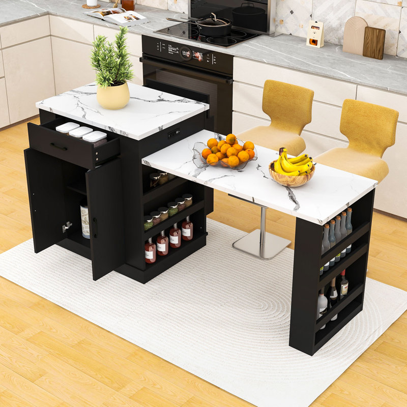 Extendable Kitchen Island with Storage Drawers, Cabinets, Open Shelves and Built-In Charging Station, Black