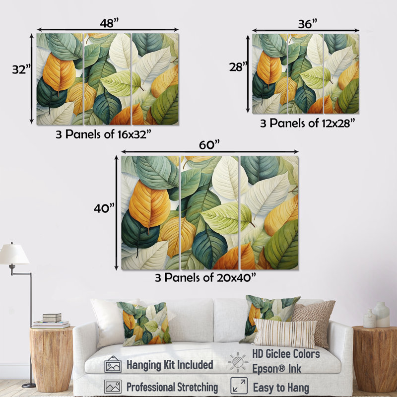 Feuilles vertes et jaunes Tranquility II - feuilles, ensemble d'art mural, Toile tendue, H 32 po x l 48 po x P 1 po