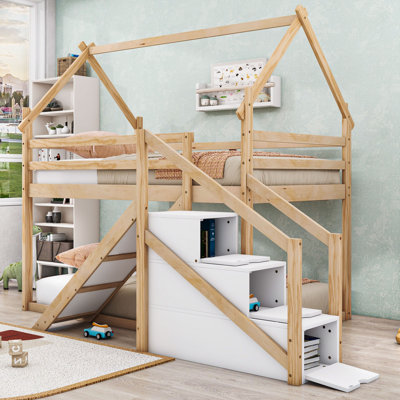 Wood Twin Over Twin Bunk Bed With Slide, Staircase And Storage