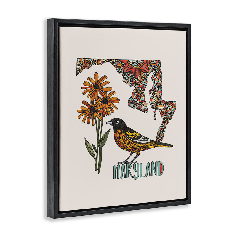 «Floral Maryland State», art mural encadré par Valentina Harper, Cadre flottant noir de jais, H 21 po x l 17 po