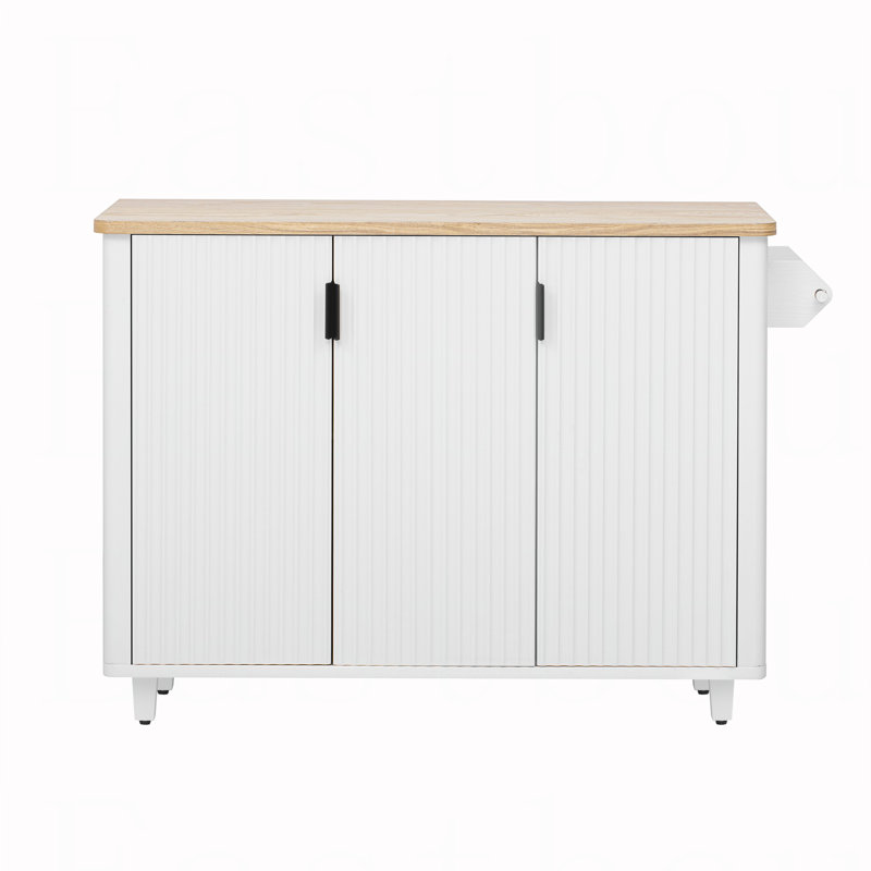 51" Fluted Kitchen Island with Drop Leaf, Farmhouse Accent Kitchen Island on Wheels with Internal Storage Rack, Rolling Kitchen Cart with Towel Rack for Kitchen, Dining Room, White Ash