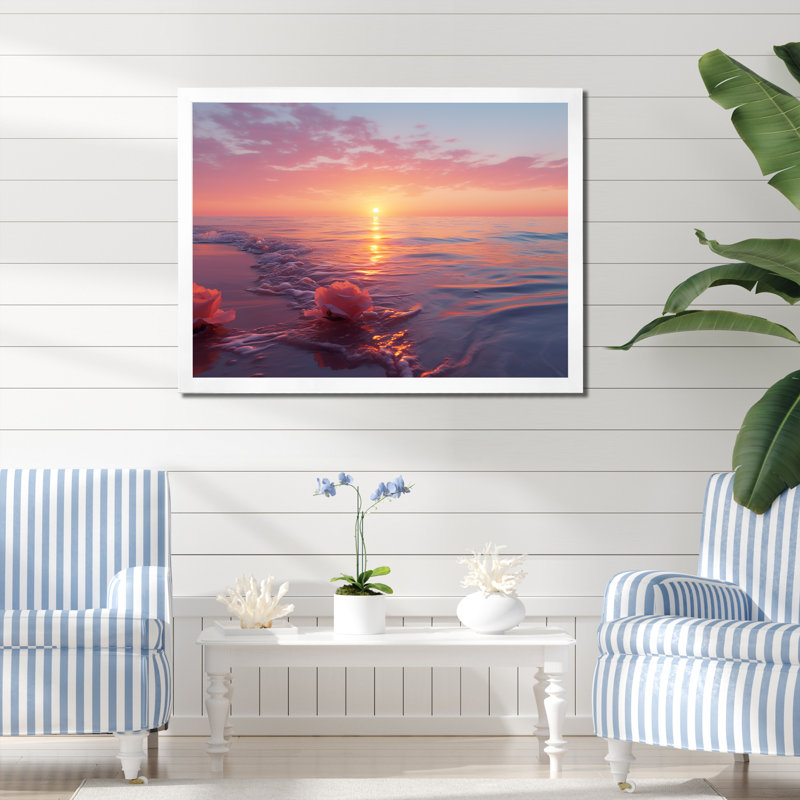 «Beach Cotton Candy Sunset Skies I» - art mural coucher de soleil côtier, Cadre de coin blanc fermé