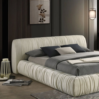 Platform Style Contemporary Pleated Upholstered Bed Ivory Fabric Est King Size Bed Bedroom