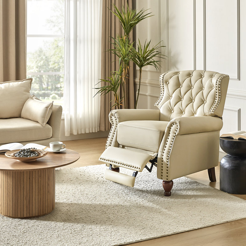 Abruzzino 34.5'' Wide Manual Standard Genuine Leather Recliner, Beige Genuine Leather