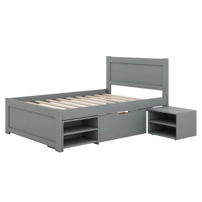 Un lit plateforme avec un tiroir et deux tablettes intégrées, Simple, gris