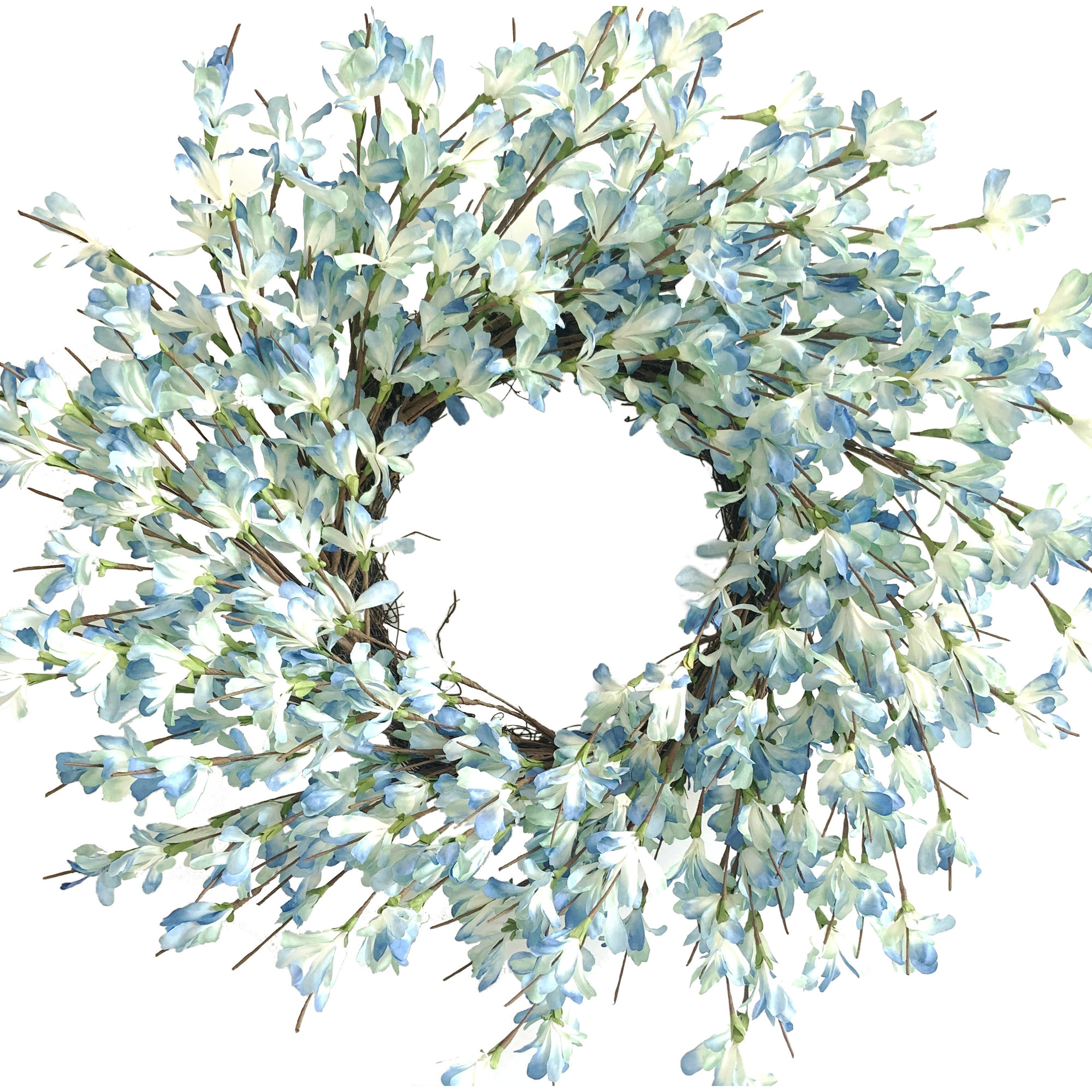 24" Handcrafted Faux Forsythia Silk Wreath for Front Door, Blue