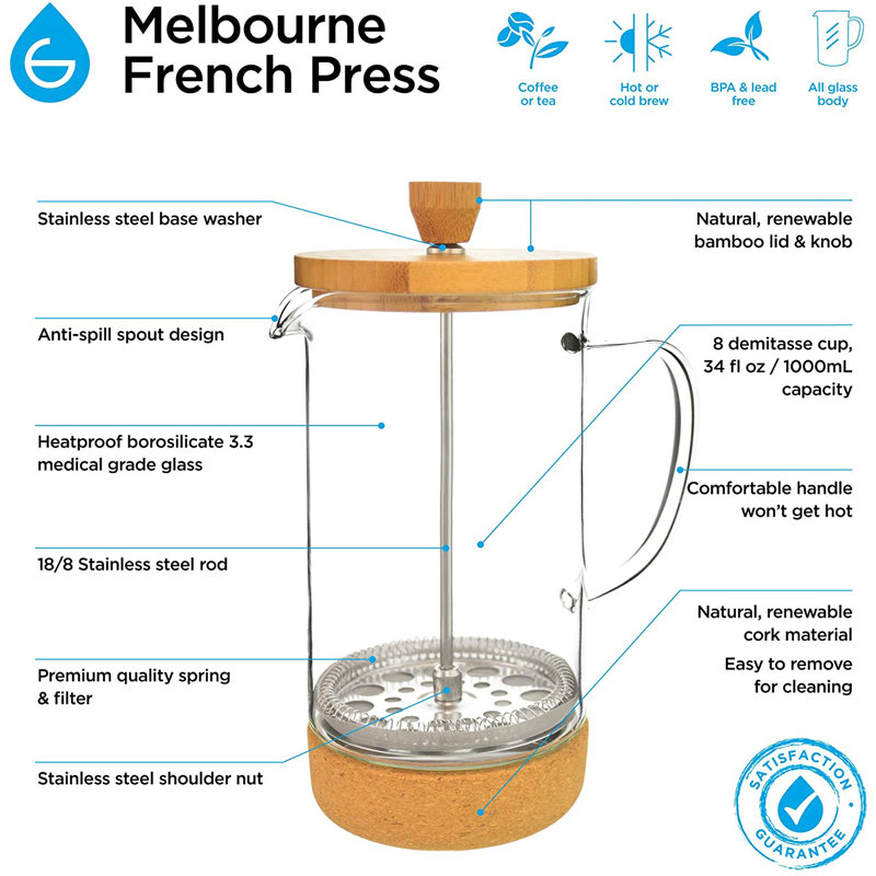 Grosche 8-Cup Melbourne Bamboo Lid French Press Coffee Maker
