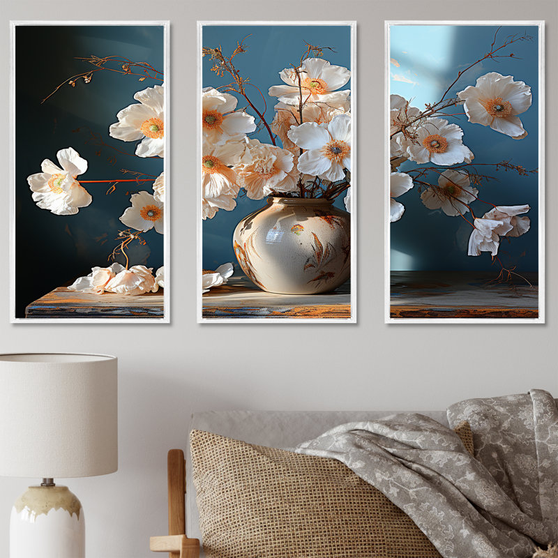 «Poppies Bouquet Still Life In Vase» - ensemble de salon d'art mural coquelicots, Cadre flottant blanc