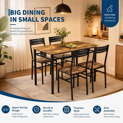 5-Piece Dining Table Set, Rectangular Wood Grain Table & 4 Chairs