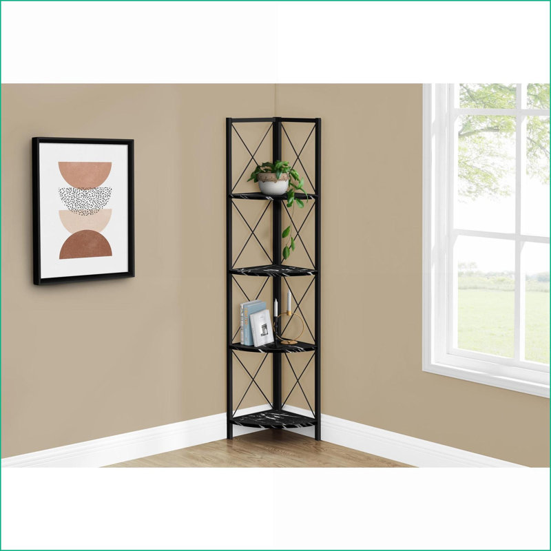 Bookshelf 4-Tier Corner Etagere, 60"H Contemporary Modern, Black Marble-Look Laminate | Black | Metal, Black