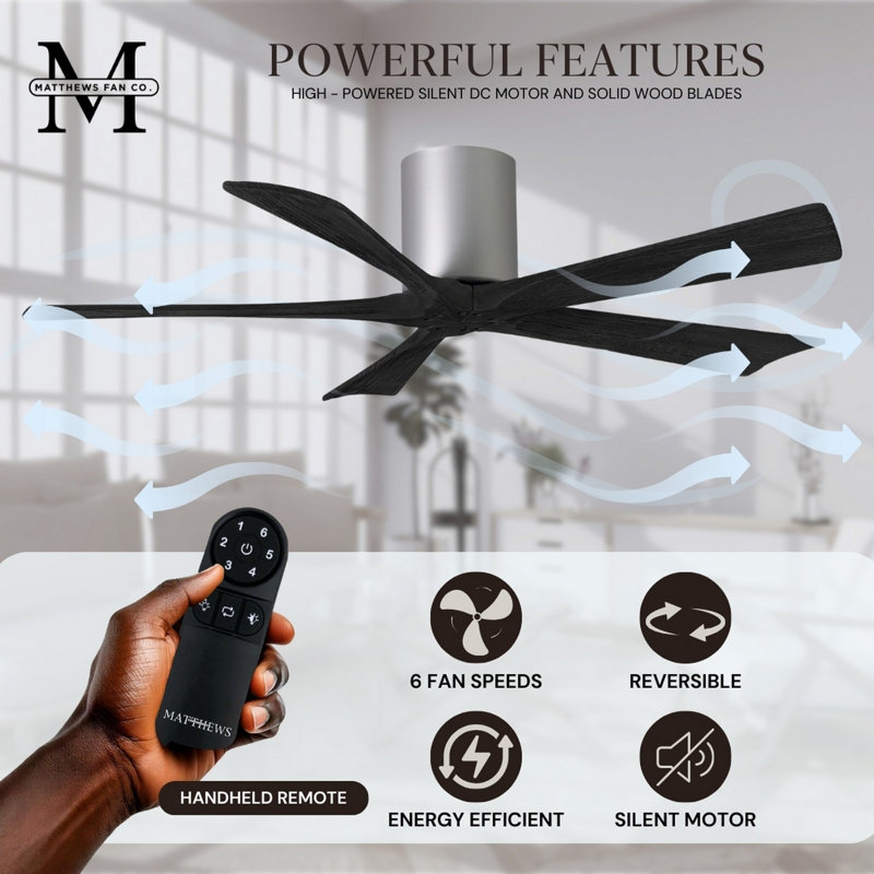 60" Irene 5-Blade Hugger Ceiling Fan with Wall Remote, Brushed Nickel, Matte Black, 60"